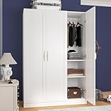 Homsee White Wardrobe Armoire Wooden Closet with 3 Doors, 5 Storage Compartments, 2 Hanging Rods & Decorative Handles for Bedroom