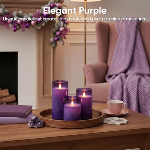 Image of Homemory Purple Flameless Candles, Flickering Battery Operated LED Pillar Candles with Remote Timer, Acrylic Violet Fake Candles, Decorative Candles for Home Wedding Party Halloween Decor, Set of 3