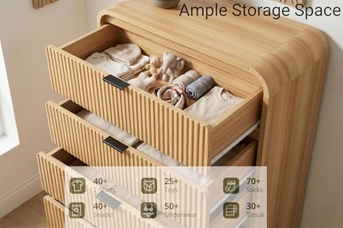 Image of FURSUN Fluted 5 Drawers Dresser for Bedroom, 48 inch Tall Wooden Modern Dresser with Metal Handle, Curved Profile Design, Storage Organizer for Bedroom, Living Room, Hallway, Natural Oak