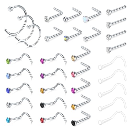 NIUSIMAN 33 Piezas Piercing nariz,aros piercing nariz plata Pendientes Anillos piercing nariz acero quirurgico colores Piercing Nariz aros Mujeres Hombres CZ Pequeño Nariz Piercing Joyería Cuerpo 2mm