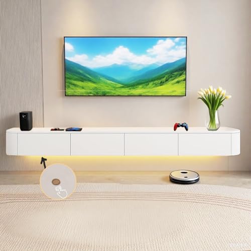 Image of Floating TV Stand Wall Mounted - Wall Entertainment Center with Flip-Down Doors & Drawers, Modern Hanging TV Shelf for Living Room, Media Console for 65 /75 80 Inch TVs (White - B, 63IN /160CM)