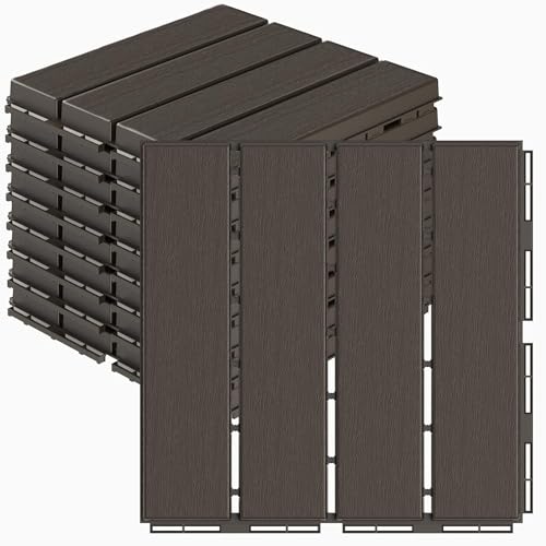 WELDUN Baldosas de terraza de 30 x 30 cm, 9 baldosas de tarima de plástico con sistema de clic, resistentes al agua, para balcón, terraza, exterior, café oscuro