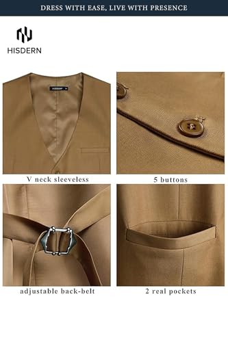 HISDERN Men's Suit Vest Business Formal Dress Waistcoat Vest with 3 Pockets for Suit or Tuxedo Khaki