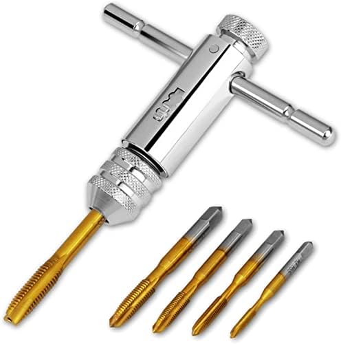 HSEAMALL Tap Drill Bit Set,Adjustable T-Handle Ratchet Tap Holder Wrench M3-M8 3mm-8mm HSS Cut, Tapping Threading Tool with 5Pcs Hand Thread Screw Tap Cutter