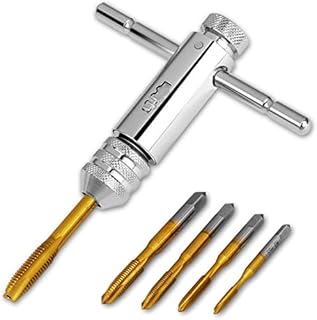 HSEAMALL Tap Drill Bit Set,Adjustable T-Handle Ratchet Tap Holder Wrench M3-M8 3mm-8mm HSS Cut, Tapping Threading Tool with 5Pcs Hand Thread Screw Tap Cutter