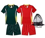 Hiheart Boys 2 Pack Soccer Jersey Set Team Sports T-Shirt and Shorts with Mesh Ball Bag Green Red 5-6