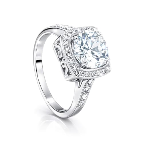 FAIRY COUPLE 3ct Simulated Diamond Engagement Ring, 9mm Halo Ring, 18K White Gold Plated with 18KGP Stamp,Travel Replacement for Women, Size 4–9 R330 (6.5)