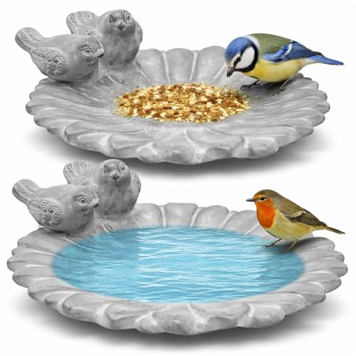 Stephans Möbelbörse 2er Set Vogeltränke „Sonnenblume“ aus Zement – Vogelbad & Futterschale mit Deko-Vögeln – wetterfest für Garten, Balkon & Terrasse – Ø 25,5 cm, grau