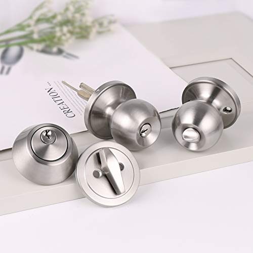 Probrico Entry Door Handle Set With Single Cylinder Deadbolts Combo Pack,Satin Nickel Finish Door Knobs With Lock&Keys, Round Door Handleset Keyed Alike, Modern Door Knob Set #TOP1