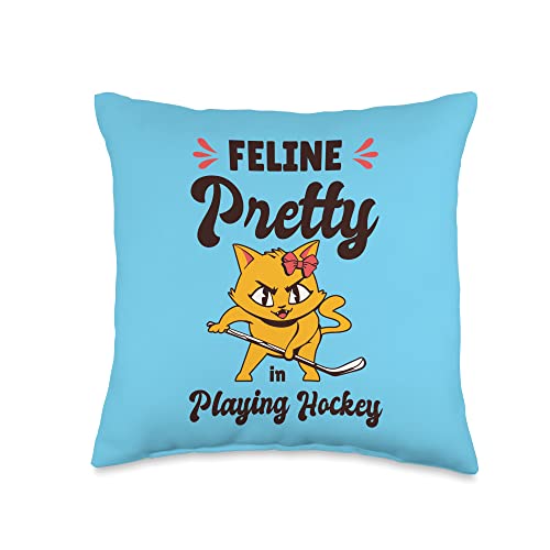 Ice Hockey Sports Cute Cat Playing Ice Hockey Stick Puck Throw Pillow