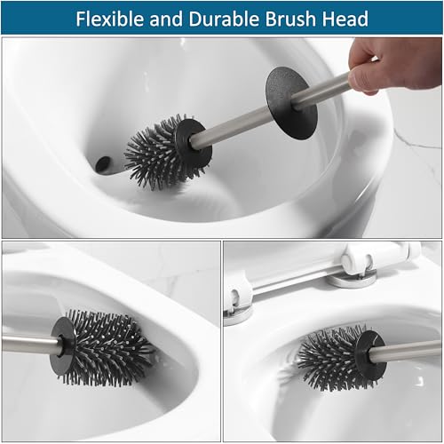 Image of BVL Toilet Brush and Holder Set Brushed Nickel Toilet Bowl Cleaner Brush Freestanding for Bathroom