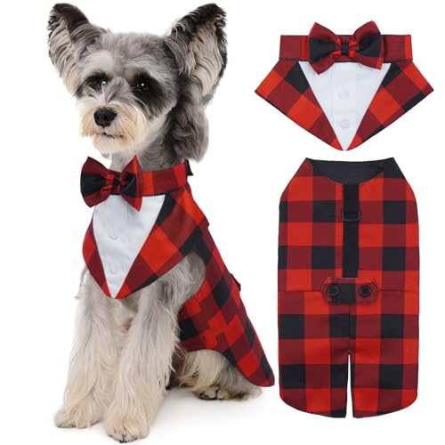 Kuoser Dog Tuxedo Dog Suit and Bandana Set, Dogs Tuxedo Wedding Party Suit, Doggy Prince Bow Tie Shirt Formal Pet Wedding Attire for Small Medium and Large Dogs Golden Retriever Samo Bulldog