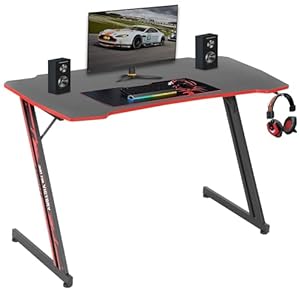 PayLessHere 47 Inch Modern Z-Shaped Computer Desk for Home Office with Headphone Hook – Sturdy Workstation Table with Spacious Desktop,Red (Red, 47 in)