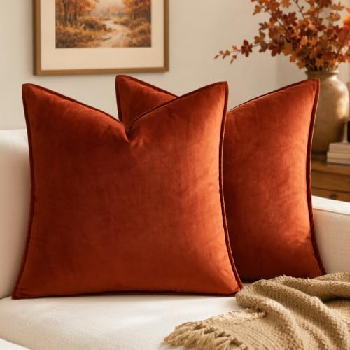 MIULEE Fall Decorative Burnt Orange Velvet Throw Pillow Covers 20x20 Inch