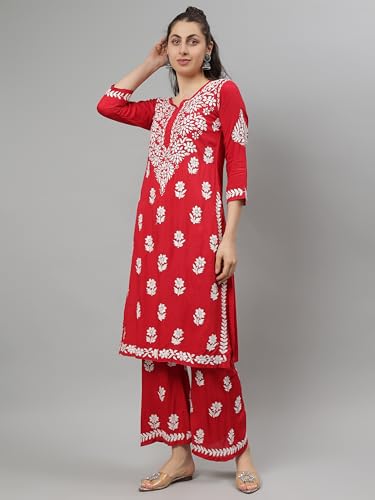 Image of Seva Chikan Hand Embroidered Lucknowi Chikankari Rayon Kurta and Palazzo Set SCL8037