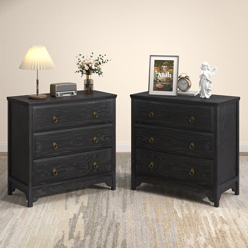 Image of Chogori Farmhouse Solid Wood Nightstand Set of 2, Rustic End Table with 3 Drawers & Vintage Ring Pulls, Sturdy Accent Side Table for Bedroom, Living Room, Hallway (Black-3 Drawers)