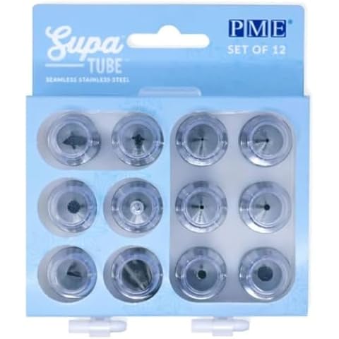 PME Supatube Stainless Steel Cake Decorating Tips, Set of 12, Standard, Silver Cover