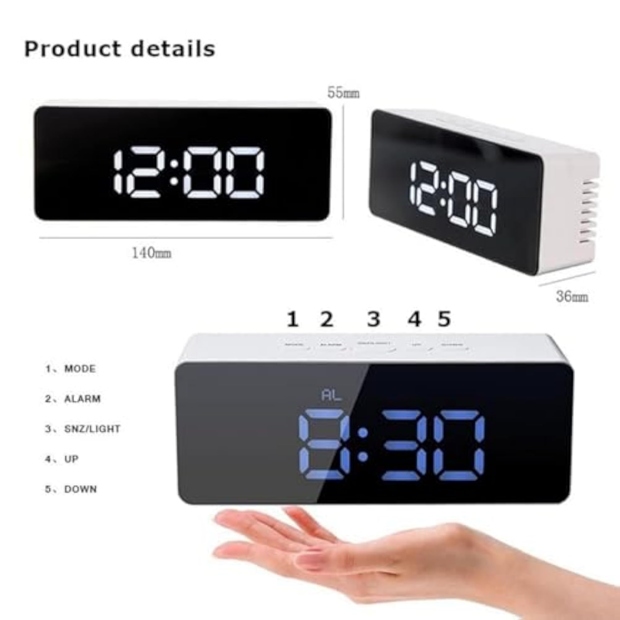 Digital LED Alarm Clock with Mirror Look, Large Display