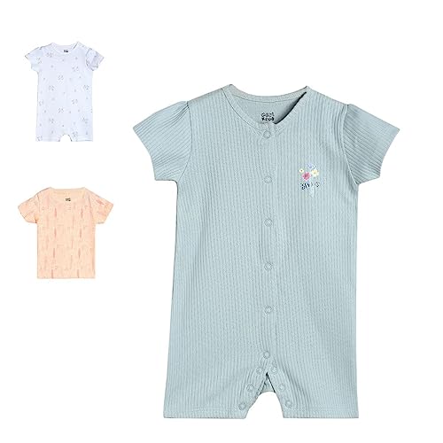 Image of miniklub Baby Front Open Round Neck Short Sleeve Knitted Cotton Multi Color Romper, Pack Of 2 (New Born)