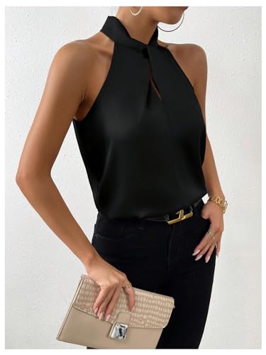 SweatyRocks Womens Elegant Twist Front Halter Sleeveless Satin Blouse Keyhole Back Tank Top4