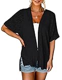 MEROKEETY Women's 2026 Summer Lightweight Kimono Cardigan Short Sleeve Open Front Casual Loose Trendy Beach Cover Ups, Black, L