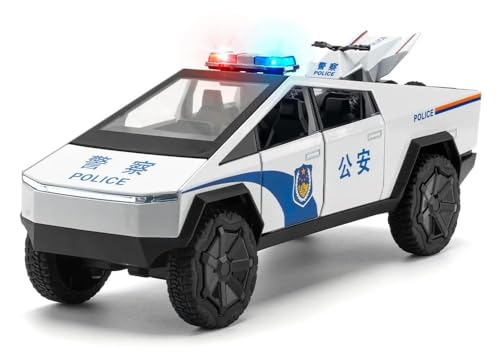 Image of 1:24 Scale Die-Cast CyberTruck Police【Free Wheel】 with 6 Openable Doors,Steerable Tyres,Working Horn,Working Lights (White)