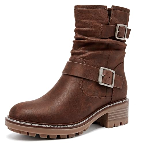 Ruiee Damen Stiefeletten Slouchy Flat Ladies Booties Low Chunky Heeled Riding Combat Boot Bequeme Casual Round Toe Kurze Stiefel für Frauen, Braun Bmf 963, 37.5 EU