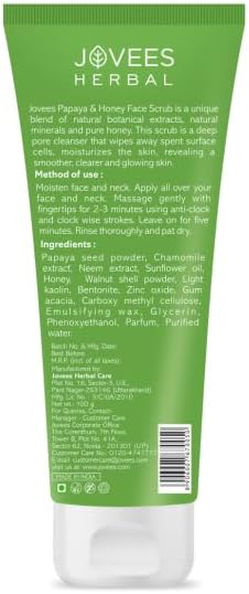 Jovees Herbal Papaya & Honey Face Scrub For Women/Men | Size: 100ml x Pack of 1 | Skin Type: Normal to Dry Skin | Use for: Neck and Face | Mud Purifies | Deep Cleanses Skin | Tanned & Pigmented Skin