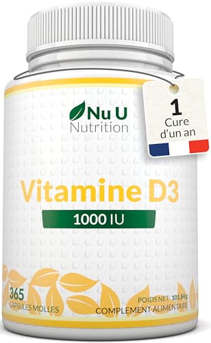 Vitamine D3 1000 UI, 365 Softgels (une année entière de réserve), Cholécalciférol haute Absorption par Nu U Nutrition