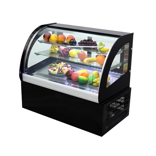 WYDDDARY Countertop Display Refrigerators 35'' Curved Cooling Cake Showcase 220V Two-tier Shelf Commercial Glass Bakery Cabinet Display with Rear Sliding Door White LED Light 300W