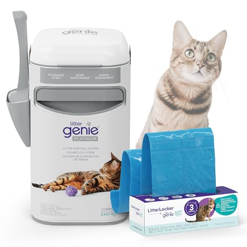 Litter Genie Platinum Poubelle à litière pour Chat. Anti odeurs. Acier Inoxydable Durable, Blanc. Usage et Entretien faciles. 1 Recharge 3 Mois / 12 Sacs...