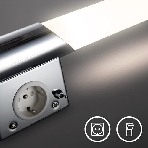 B.K.Licht - Spiegelleuchte Bad mit Steckdose, warmweiße Lichtfarbe, Kippschalter, Badezimmerlampe, Spiegellampe Bad, Lampe Badezimmer, Badlampe Wand, Wandlampe Badezimmer, 44,5x6x11 cm, Chrom