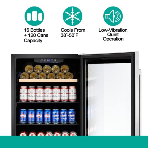 Kalamera 24'' Beverage Refrigerator Cooler, 120 Cans & 16 Bottles, Single Zone Built-In Or Freestanding, With Seamless Stainless Steel & Triple-Layer Tempered Glass Door And Temperature Memory Function #TOP3