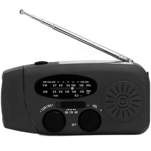 Radio de Emergencia Solar y con manivela, Linterna LED de Alta Potencia, Radio Am/FM/NOAA, Carga USB, portátil y Multifuncional para Exteriores y Supervivencia Camping, Pesca (Negro)