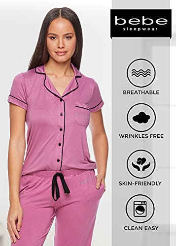Image of bebe Womens 2 Piece Bridesmaid Pajamas Set Short Sleeve Button Down Shirt and Pants