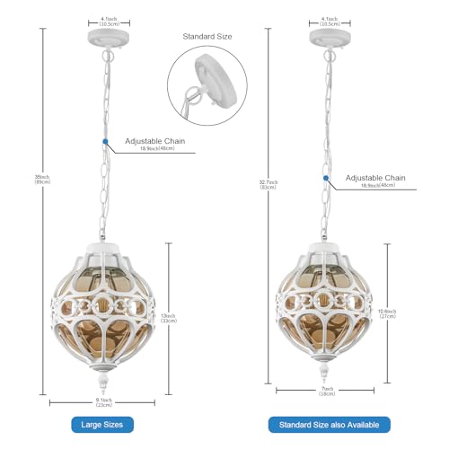 Globe Outdoor Pendant Lights, White Aluminum Waterproof Hanging Light Fixture for Porch Entryway Hallway, Vintage Round Exterior Chandelier, Outside Pendant Lamp with Amber Glass, 2 Pack