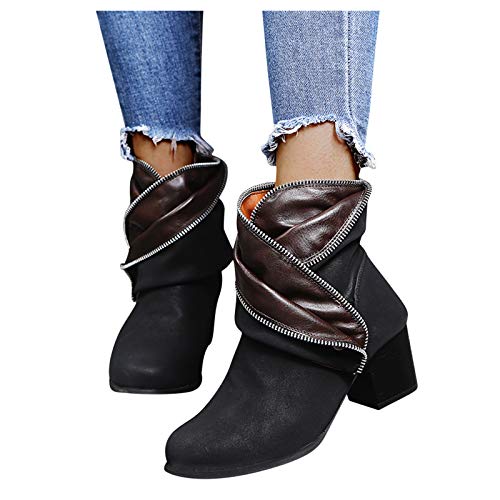 Damen Stiefeletten Biker Boots Flandell Reißverschluss Ankle Boots Blockabsatz Kurzstiefel European And American Style Large Size Thick High