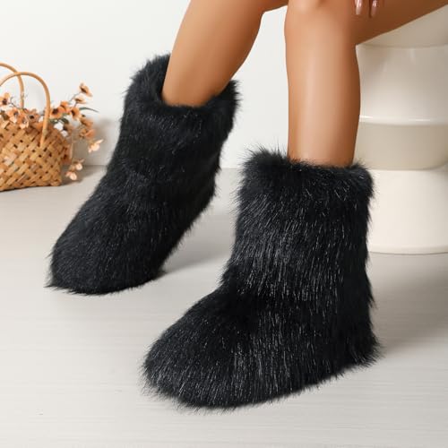 Women's Faux Fur Boots Size 9 - Mid-Calf Winter Snow Boots with Fluffy Lining, Y2K Fashion Warm Shoes for Women4