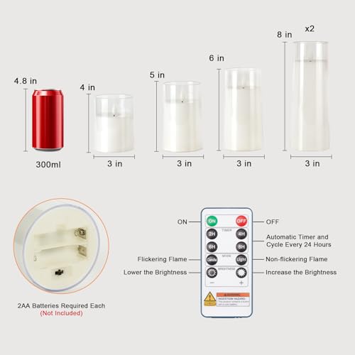 Image of Raycare Flameless Candles Battery Operated with Remote Timer, Acrylic Flickering LED Pillar Candle for Valentine's Day, Home Decor, Gift for Family and Friend, White, Set of 5 | LED Acrylic 3D Flickering Realistic Glow for Christmas Gift, Weddings, Mantels, Fall Home Decor, Halloween, Family, Set of 5
