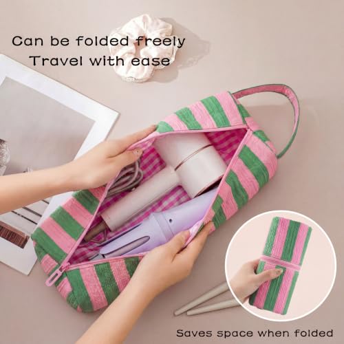 Image of RSRSLEII Striped Hair Tools Travel Bag,Hair Styling Accessories Storage Case for Shark FlexStyle,Dyson Airwrap Hair Dryer,Curling Iron,Straightener,Revlon Hair Tools,Portable&Foldable(14Green&Pink)