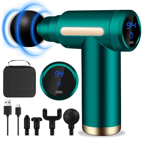 AQXONG Mini Pistola de Masaje Muscular, Pistola de Masaje Ultrasilenciosa, 4 Cabezales de Masaje, 6 Velocidades, Pantalla LCD, Batería de 1800mAh Masajeador Portátil - Alivia el Dolor Muscular (Verde)
