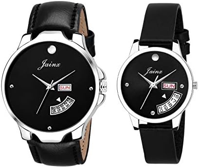 jainx Black Dial Day and Date Feature Leather Strap Analog Wrist Watch for Couples - JC454