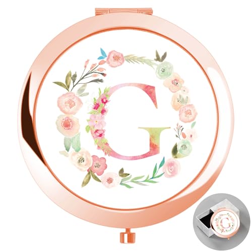 Personalized Gift Initial Compact Mirror w Box for Sister (G, Rose Gold)