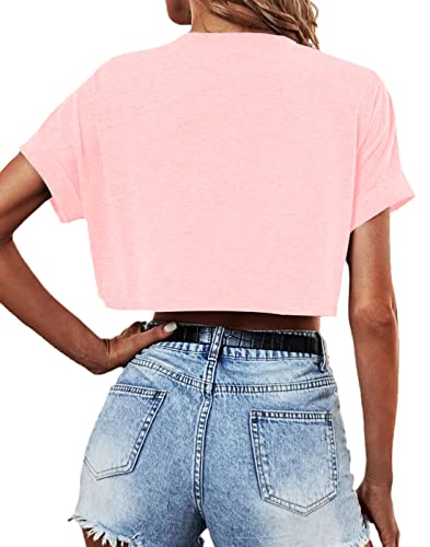 Dyexces Womens Crop Tops Short Sleeve Crewneck Cropped T Shirt Casual Summer Solid Color Loose Basic Tees with Pockets2