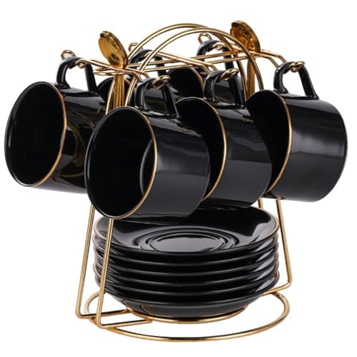 Juego de 6 tazas de capuchino de lujo con ribete dorado, 150 ml, tazas de porcelana británica real en tazas de té y café negro brillante con platillos y asas