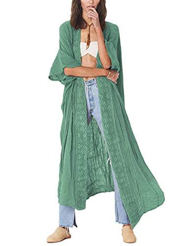 Bsubseach Embroidery Open Front Swimsuit Cover Ups for Women Half Sleeve Bikini Beach Kimono Cardigan Green