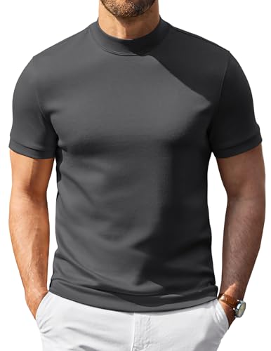 COOFANDY Mens Mock Turtleneck Sweater Short Sleeve 2026 Stylish Slim Fit Fashion Basic Underwear Dark Gray
