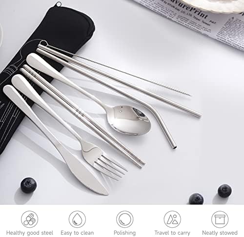 Modloan 7 Pcs Cutlery Set, Stainless Camping Cutlery Set Travel Cutlery Set, Knife and Fork Sets with Organizer Bag for Outdoor Travel Picnic Office School Lunch Box
