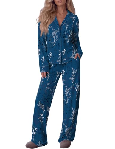 2-Piece Ekouaer Women's Cotton Long Sleeve Button-Down Pajama Set w/ Pants & Pockets (S-XXL, Various Colors/Prints) - image 1