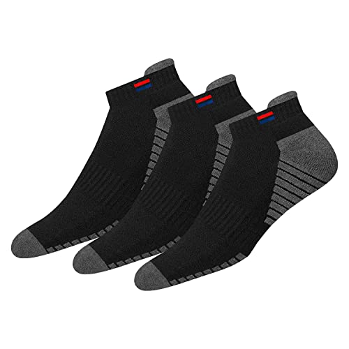 NAVYSPORT Men's Low Cut Athletic Cotton Cushion Ankle Socks with Sports Tab for Running, Gym, Training, Casual Wear, Pack of 3 (Black/Grey)
